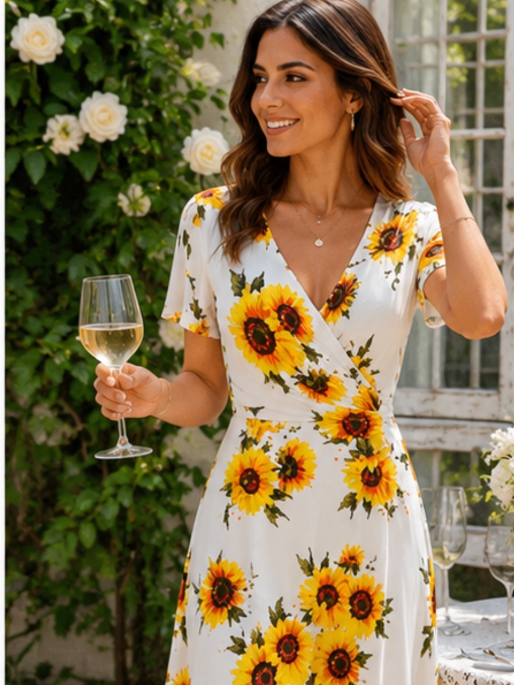 DB Noon Sunflower Floral Faux White Wrap Knee Length Dress NWT M - Picture 7 of 13